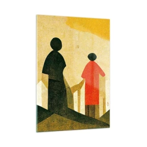 Glasbild - Bild auf glas - Geometrische Silhouetten von Figuren zwischen hohen Formen vor dem Hintergrund eines gelben Himmels - 50x70cm - Es ist noch ein langer Weg - Moderne Wanddekoration für Wohnzimmer und Schlafzimmer ARTTOR