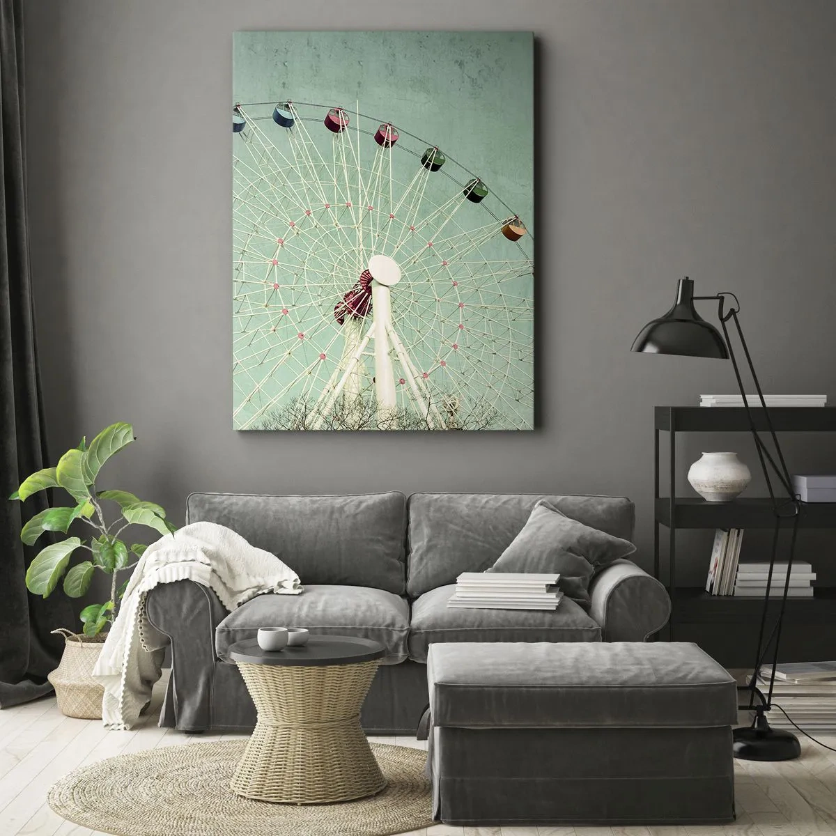 Bild auf Leinwand - Leinwandbild - Ein buntes Riesenrad vor blauem Himmel im Retro-Stil - 50x70cm - Wir laden zum Spiel ein - Moderne Wanddekoration für Wohnzimmer und Schlafzimmer ARTTOR