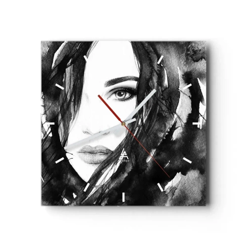 Wanduhr - Glasuhr - Porträt einer Frau in Schwarz-Weiß-Aquarell - 30x30cm - Porträt einer Dame in Schwarzweiß - Moderne Wanddekoration für Wohnzimmer und Schlafzimmer ARTTOR