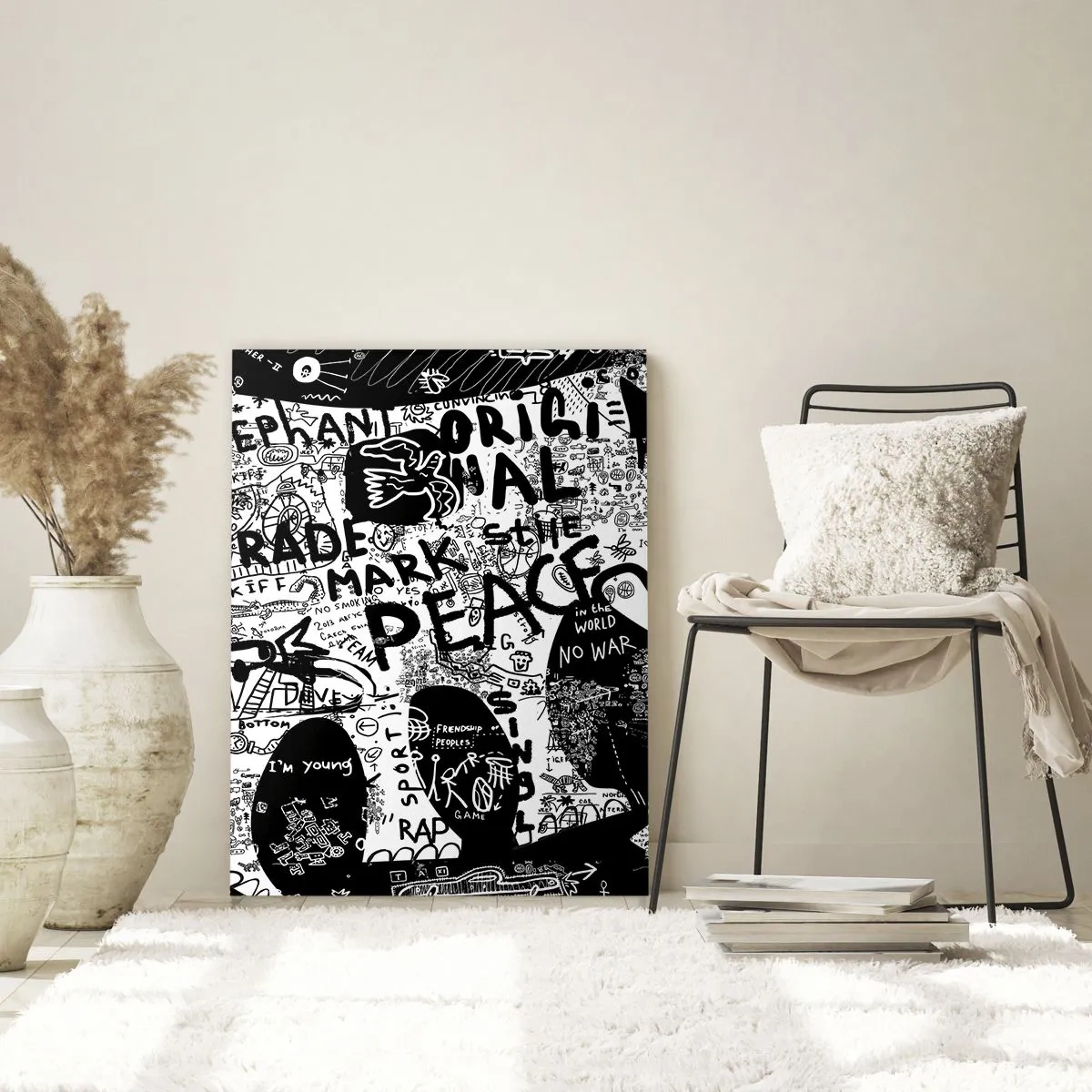 Glasbild - Bild auf glas - Schwarz-weißes Graffiti-Bild mit Themen wie Frieden und Freiheit - 50x70cm - Reiche Straßenwelt - Moderne Wanddekoration für Wohnzimmer und Schlafzimmer ARTTOR