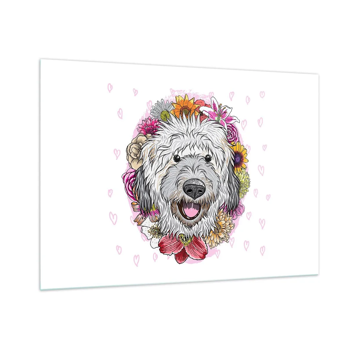 Glasbild - Bild auf glas - Illustration eines Hundes, umgeben von Blumen - 100x70cm - Welpenfreude - Moderne Wanddekoration für Wohnzimmer und Schlafzimmer ARTTOR
