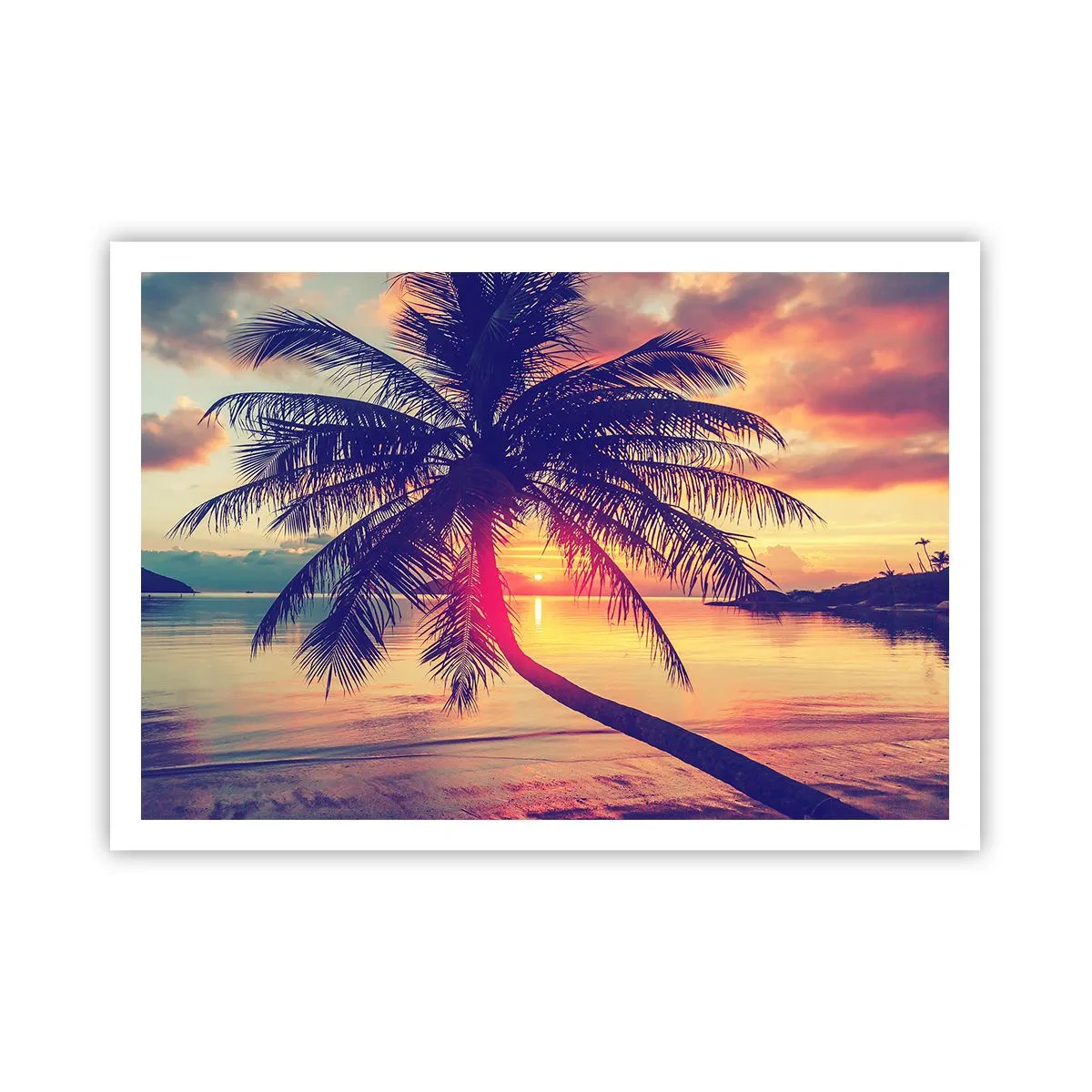 Poster - Sonnenuntergang mit einer Palme über einem ruhigen Ufer - 100x70cm - Abend unter Palmen - Moderne Wanddekoration für Wohnzimmer und Schlafzimmer ARTTOR