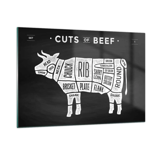 Glasbild - Bild auf glas - Rindfleischschnittdiagramm auf einer schwarzen Tafel - 120x80cm - Metzger Grundierung - Moderne Wanddekoration für Wohnzimmer und Schlafzimmer ARTTOR