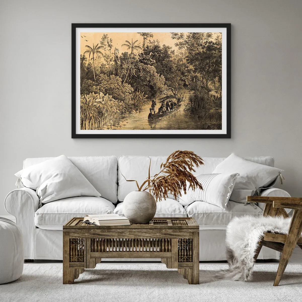 Poster in einem schwarzem Rahmen - Zeichnung eines Dschungels mit einem Boot auf einem Fluss - 100x70cm - Expedition zur Quelle - Moderne Wanddekoration für Wohnzimmer und Schlafzimmer ARTTOR