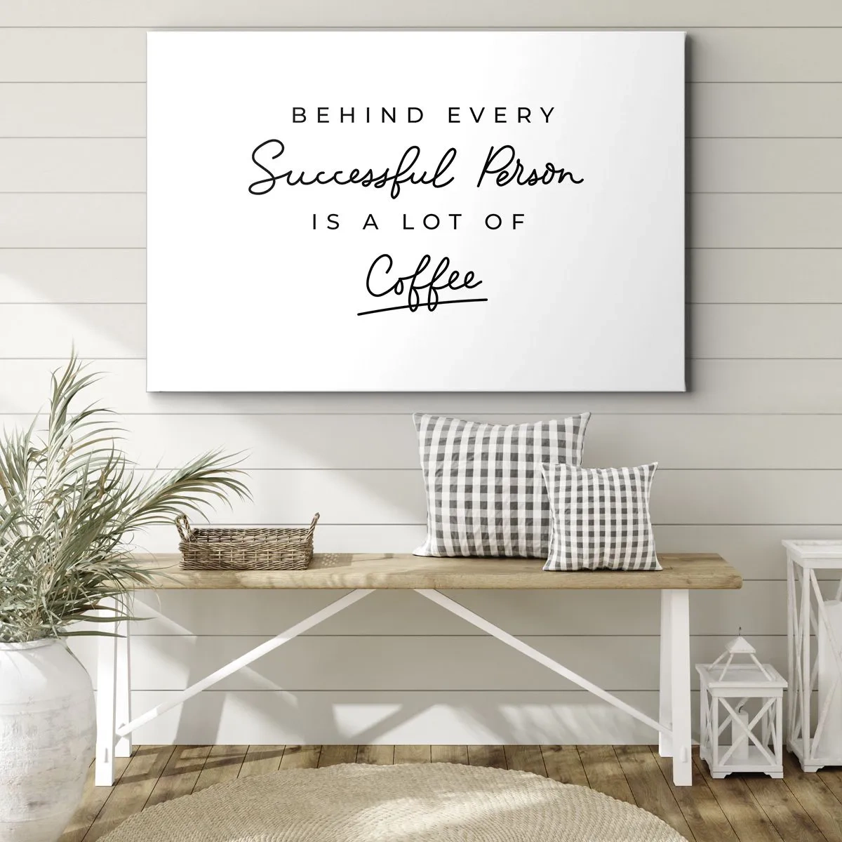Bild auf Leinwand - Leinwandbild - Ein minimalistisches Zitat über Erfolg und Kaffee auf weißem Hintergrund. - 70x50cm - Erfolgsgeheimnis - Moderne Wanddekoration für Wohnzimmer und Schlafzimmer ARTTOR