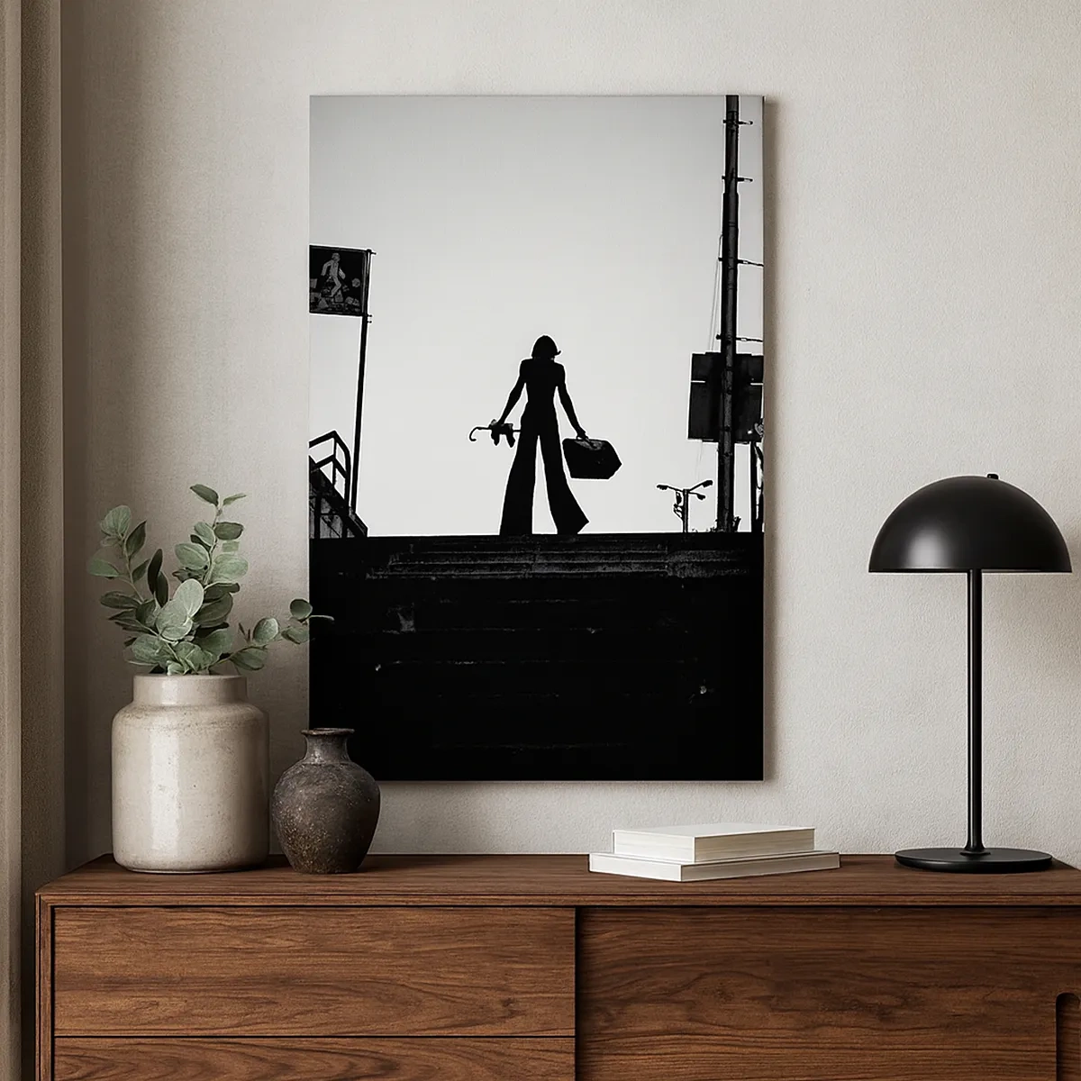 Bild auf Leinwand - Leinwandbild - Eine Frauenfigur auf der Treppe in Schwarzweiß mit dynamischer Atmosphäre - 50x70cm - Städtisches Wandern - Moderne Wanddekoration für Wohnzimmer und Schlafzimmer ARTTOR