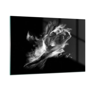 Glasbild - Bild auf glas - Schwarz-weiße Silhouette einer Tänzerin in dynamischer Bewegung - 120x80cm - Im Flug hängen geblieben - Moderne Wanddekoration für Wohnzimmer und Schlafzimmer ARTTOR