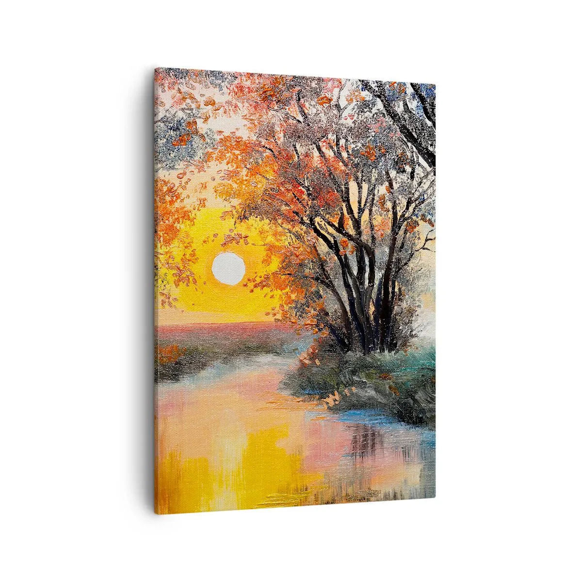 Bild auf Leinwand - Leinwandbild - Sonnenuntergang über dem Fluss in einer Herbstlandschaft - 50x70cm - Herbststimmung - Moderne Wanddekoration für Wohnzimmer und Schlafzimmer ARTTOR