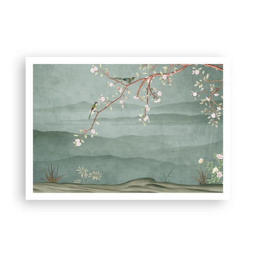 Poster - Ein malerisches Bild eines blühenden Baumzweigs mit Vögeln vor dem Hintergrund grüner Hügel. - 100x70cm - Frühling, oh, du bist es - Moderne Wanddekoration für Wohnzimmer und Schlafzimmer ARTTOR