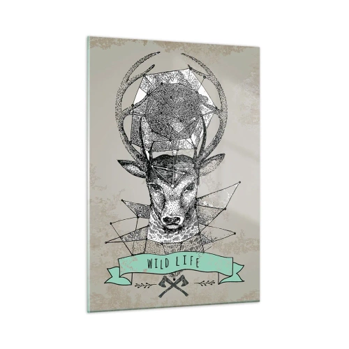 Glasbild - Bild auf glas - Geometrische Zeichnung eines Hirsches mit der Aufschrift Wild Life - 50x70cm - St. sehen Hubertus - Moderne Wanddekoration für Wohnzimmer und Schlafzimmer ARTTOR