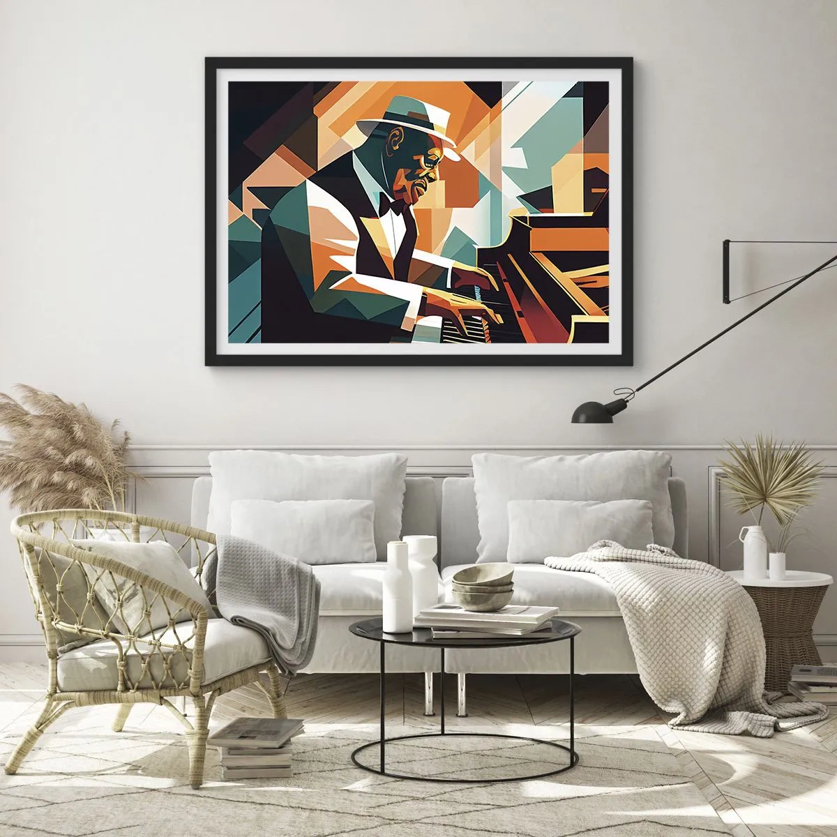 Poster in einem schwarzem Rahmen - Abstrakter Musiker, der in warmen Farben Klavier spielt. - 70x50cm - Alles vom Jazz - Moderne Wanddekoration für Wohnzimmer und Schlafzimmer ARTTOR