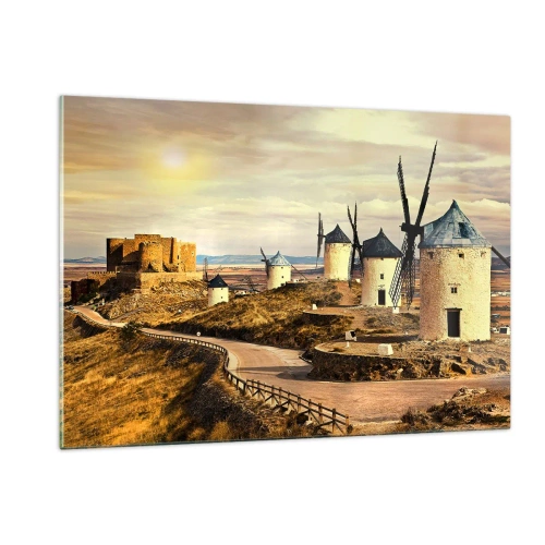 Glasbild - Bild auf glas - Windmühlen und eine Burg in der Landschaft bei Sonnenuntergang - 120x80cm - Don Quijote kommt gleich - Moderne Wanddekoration für Wohnzimmer und Schlafzimmer ARTTOR