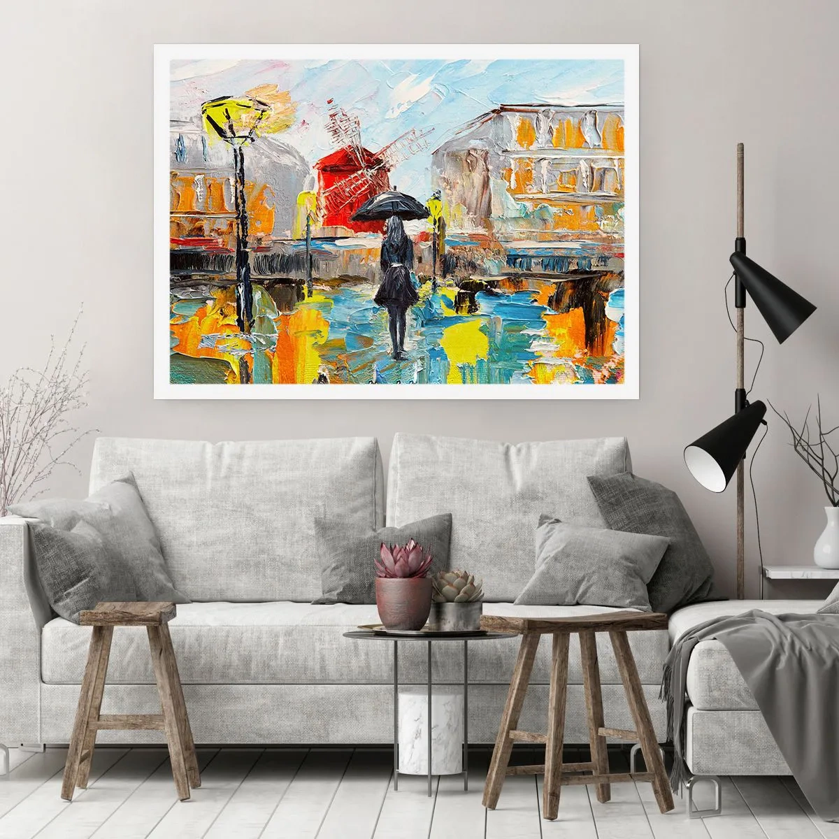 Poster - Eine malerische Szene mit einem Regenschirm vor der Kulisse von Paris in leuchtenden Farben. - 100x70cm - Pariser Legenden - Moderne Wanddekoration für Wohnzimmer und Schlafzimmer ARTTOR
