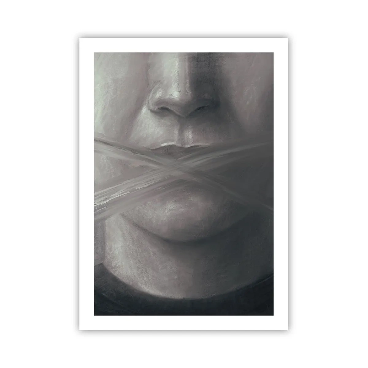 Poster - Ein symbolisches Gesicht mit bedecktem Mund in monochromen Farben. - 50x70cm - Ohne ein Wort - Moderne Wanddekoration für Wohnzimmer und Schlafzimmer ARTTOR