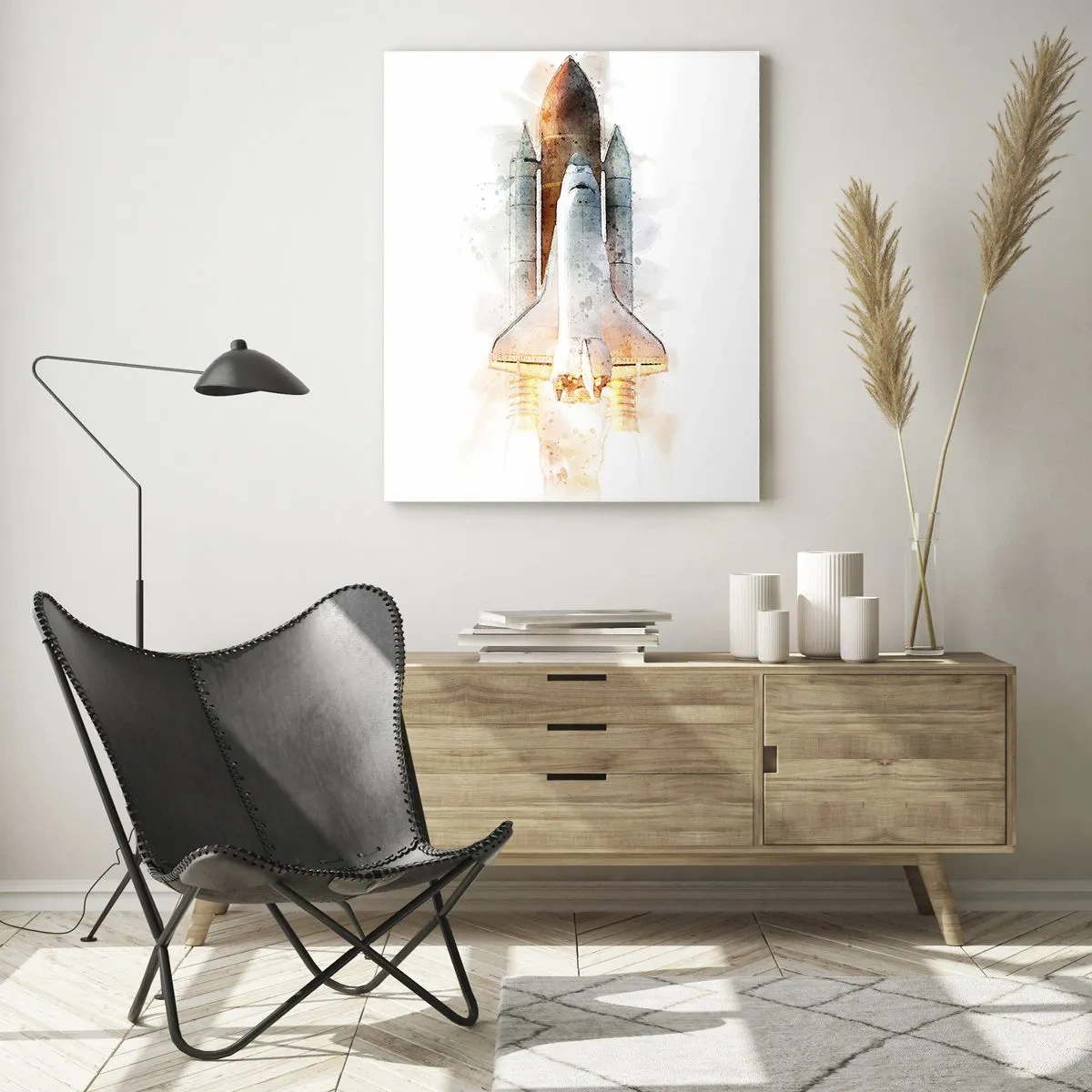 Glasbild - Bild auf glas - Ein startendes Space Shuttle im Aquarellstil auf weißem Hintergrund. - 50x70cm - Entdecker für den Anfang - Moderne Wanddekoration für Wohnzimmer und Schlafzimmer ARTTOR