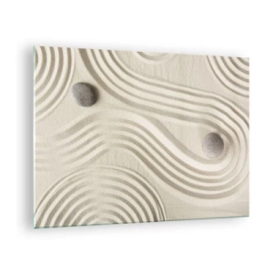 Glasbild - Bild auf glas - Minimalistischer Sand mit Steinen und geometrischen Mustern - 70x50cm - Ein Hauch von Wärme - Moderne Wanddekoration für Wohnzimmer und Schlafzimmer ARTTOR