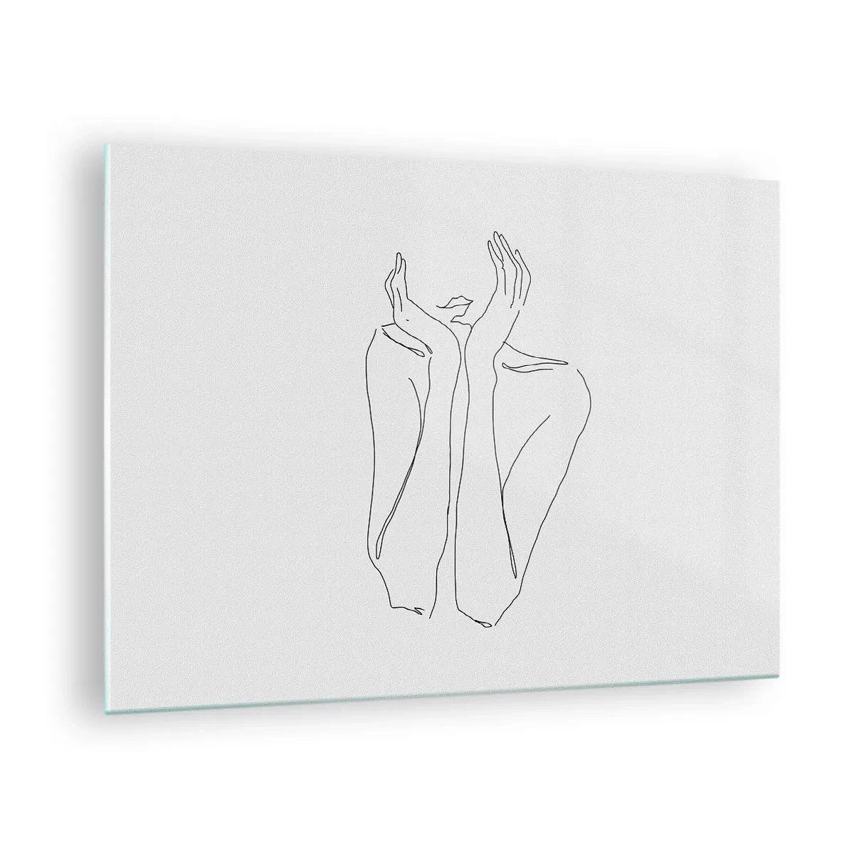 Glasbild - Bild auf glas - Eine minimalistische Zeichnung der Hände und des Gesichts einer Frau - 70x50cm - Wovon Mädchen träumen - Moderne Wanddekoration für Wohnzimmer und Schlafzimmer ARTTOR