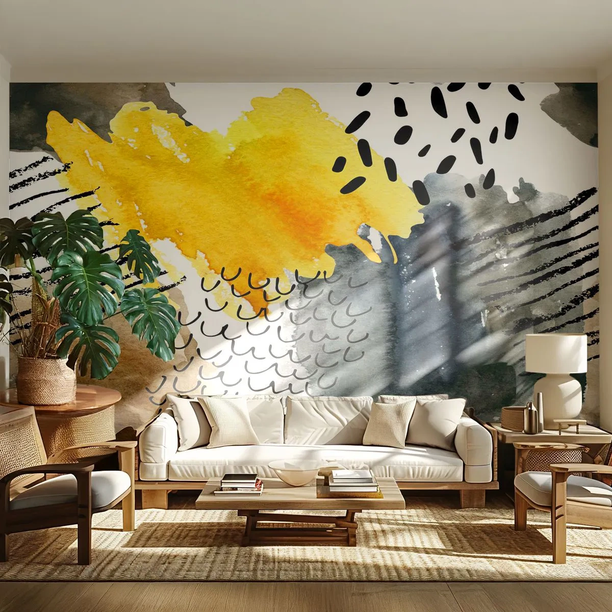 Fototapete Premium Canvas - Eine abstrakte Komposition mit gelben Akzenten und grafischen Mustern. - 100x70cm - Ein Treffen der Elemente der Natur - Moderne Wanddekoration für Wohnzimmer und Schlafzimmer ARTTOR