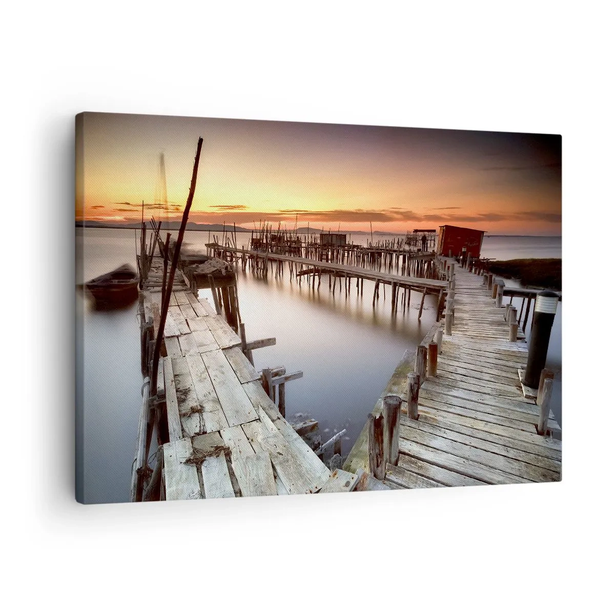 Bild auf Leinwand - Leinwandbild - Holzstege auf ruhigem Wasser bei Sonnenuntergang - 70x50cm - Authentisch, keine Touristenattrappe - Moderne Wanddekoration für Wohnzimmer und Schlafzimmer ARTTOR