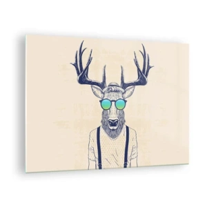 Glasbild - Bild auf glas - Ein eleganter Hirsch mit Sonnenbrille auf hellem Hintergrund - 70x50cm - Wen hast du erwartet? - Moderne Wanddekoration für Wohnzimmer und Schlafzimmer ARTTOR