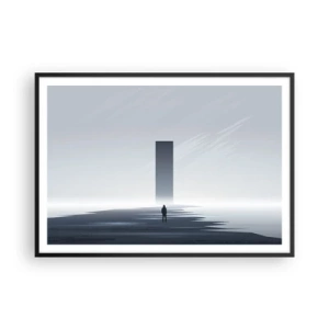 Poster in einem schwarzem Rahmen - Eine minimalistische Landschaft mit einer Silhouette neben einem rechteckigen Monolithen - 100x70cm - Chance oder Bedrohung? - Moderne Wanddekoration für Wohnzimmer und Schlafzimmer ARTTOR
