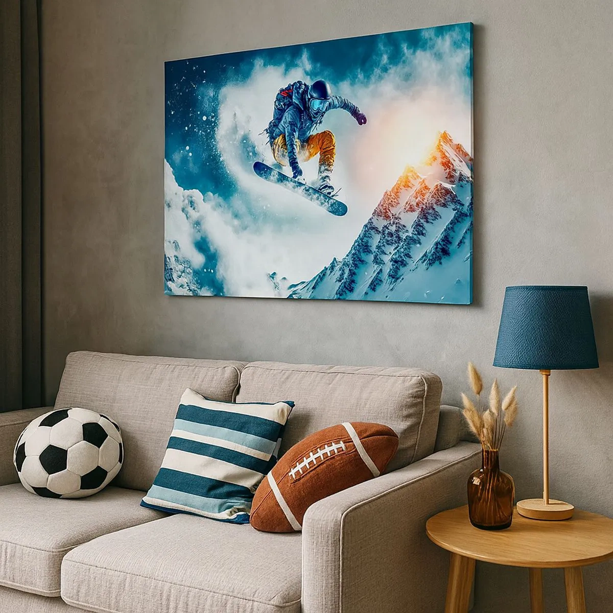 Bild auf Leinwand - Leinwandbild - Ein Snowboarder fliegt über schneebedeckte Berge - 70x50cm - Extreme Emotionen - Moderne Wanddekoration für Wohnzimmer und Schlafzimmer ARTTOR