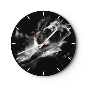 Wanduhr - Glasuhr - Schwarz-weißer dynamischer Tanz in Rauchwolken - 30x30cm - Im Flug hängen geblieben - Moderne Wanddekoration für Wohnzimmer, Küche und Schlafzimmer ARTTOR