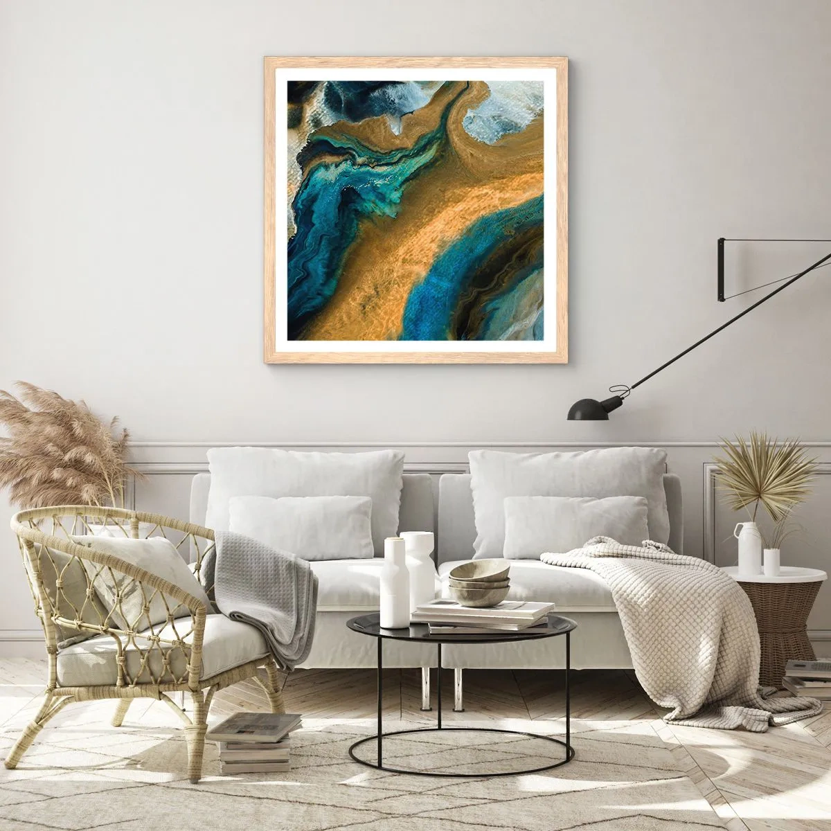 Poster in einem Rahmen aus heller Eiche - Blau - Gelb - gegenseitige Beeinflussung - 40x40 cm