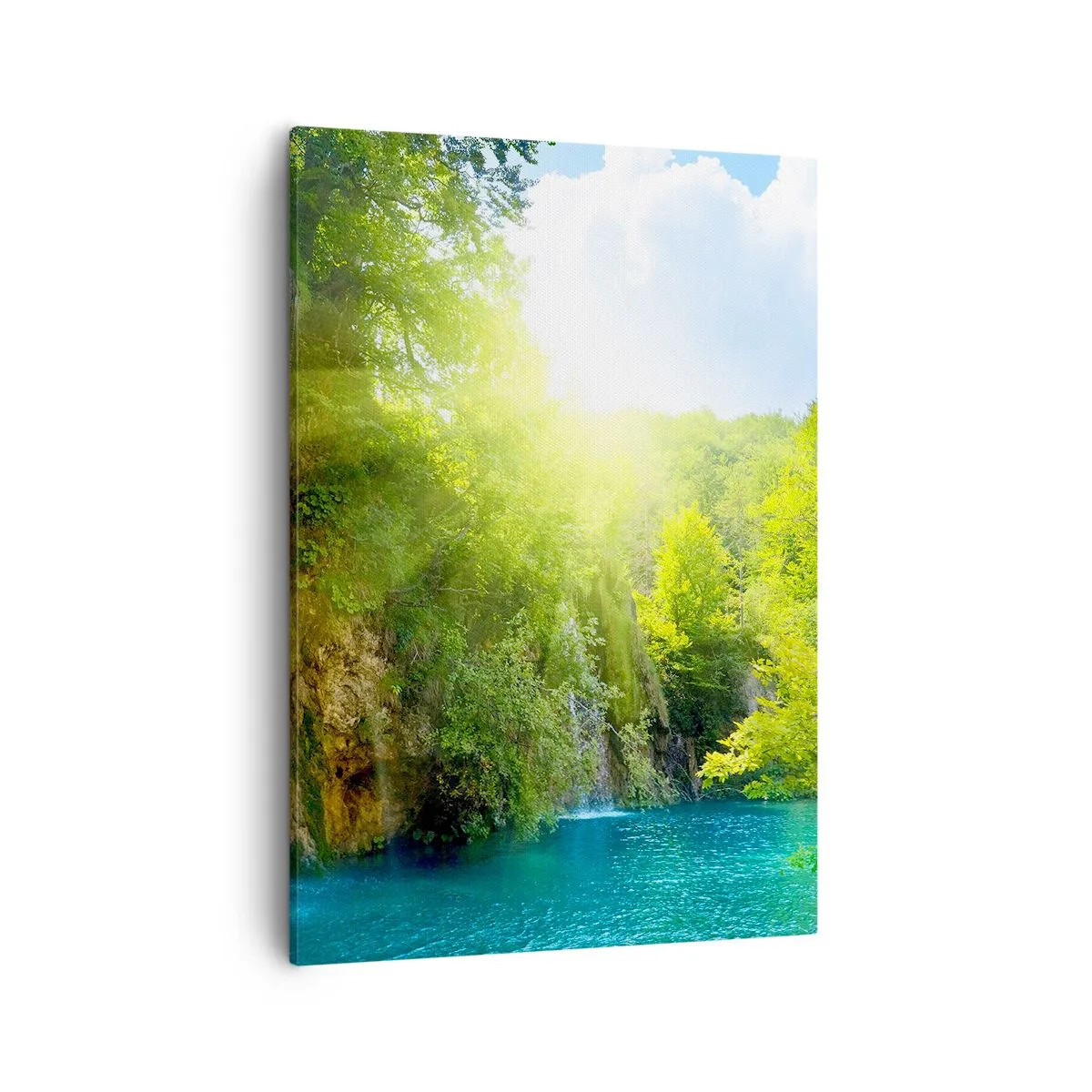 Bild auf Leinwand - Leinwandbild - Ein Wasserfall, der in einen türkisfarbenen See fließt, umgeben von Grün - 50x70cm - Es muss Eden sein - Moderne Wanddekoration für Wohnzimmer und Schlafzimmer ARTTOR