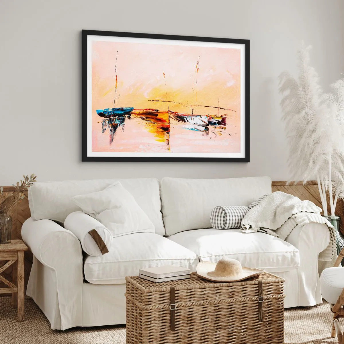 Poster in einem schwarzem Rahmen - Bunte Boote auf ruhigem Wasser bei Sonnenuntergang - 70x50cm - Abend im Yachthafen - Moderne Wanddekoration für Wohnzimmer und Schlafzimmer ARTTOR