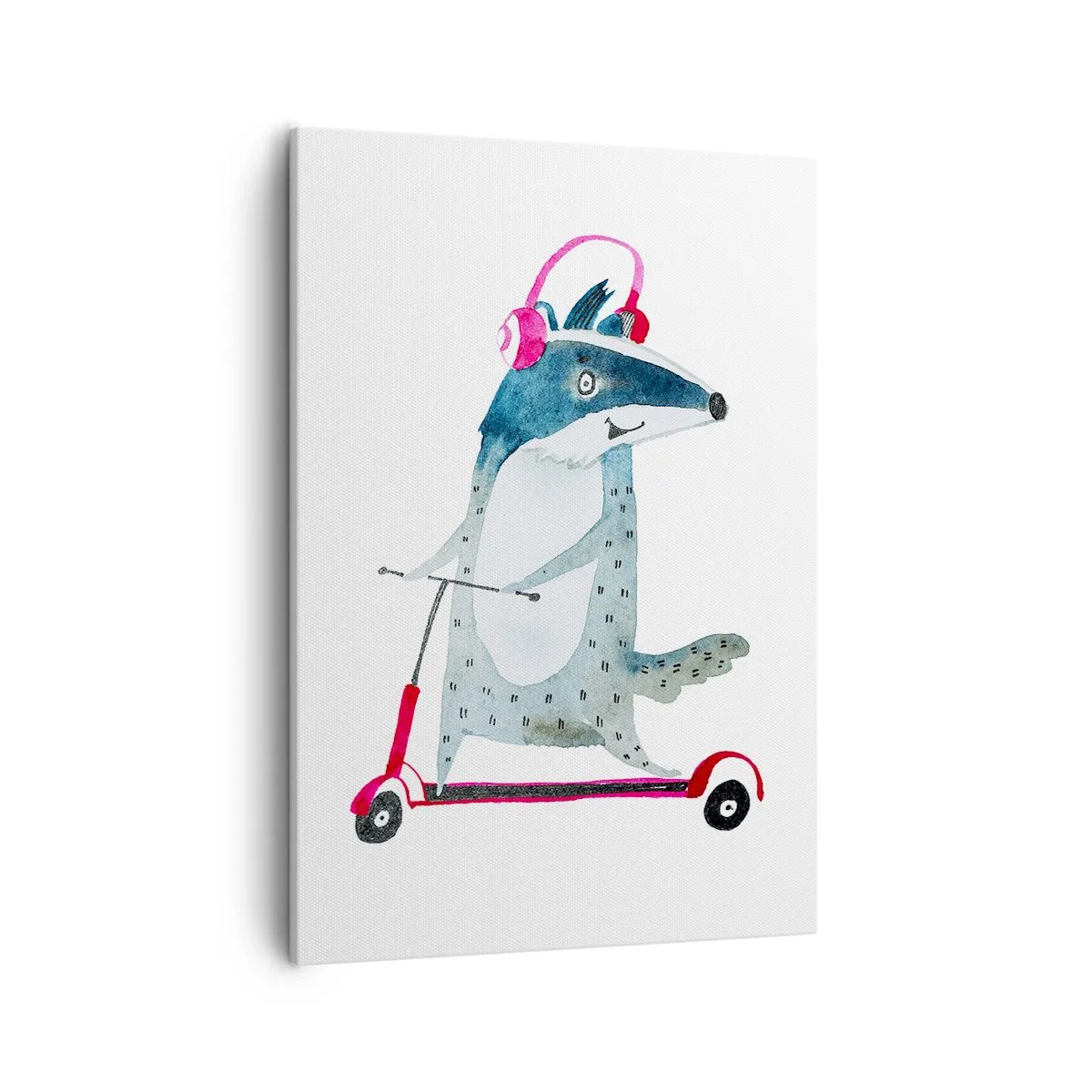 Bild auf Leinwand - Leinwandbild - Dachs auf einem Roller mit rosa Kopfhörern - 50x70cm - Dachsfreude - Moderne Wanddekoration für Wohnzimmer und Schlafzimmer ARTTOR