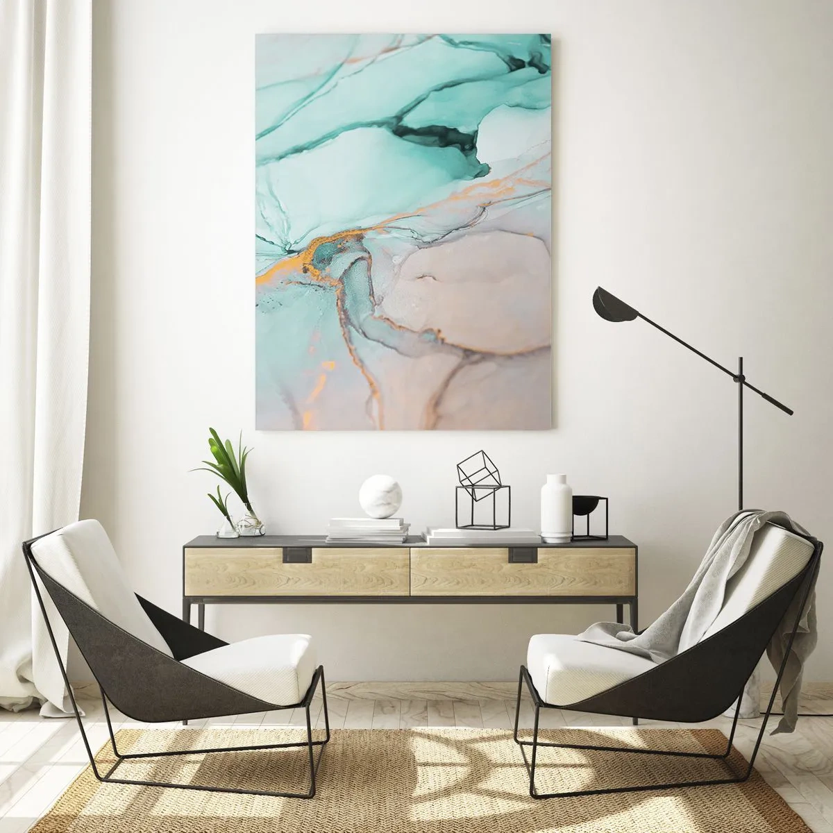Glasbild - Bild auf glas - Eine abstrakte Komposition in Türkis- und Goldtönen. - 50x70cm - Ein Tanz der Formen und Farben - Moderne Wanddekoration für Wohnzimmer und Schlafzimmer ARTTOR