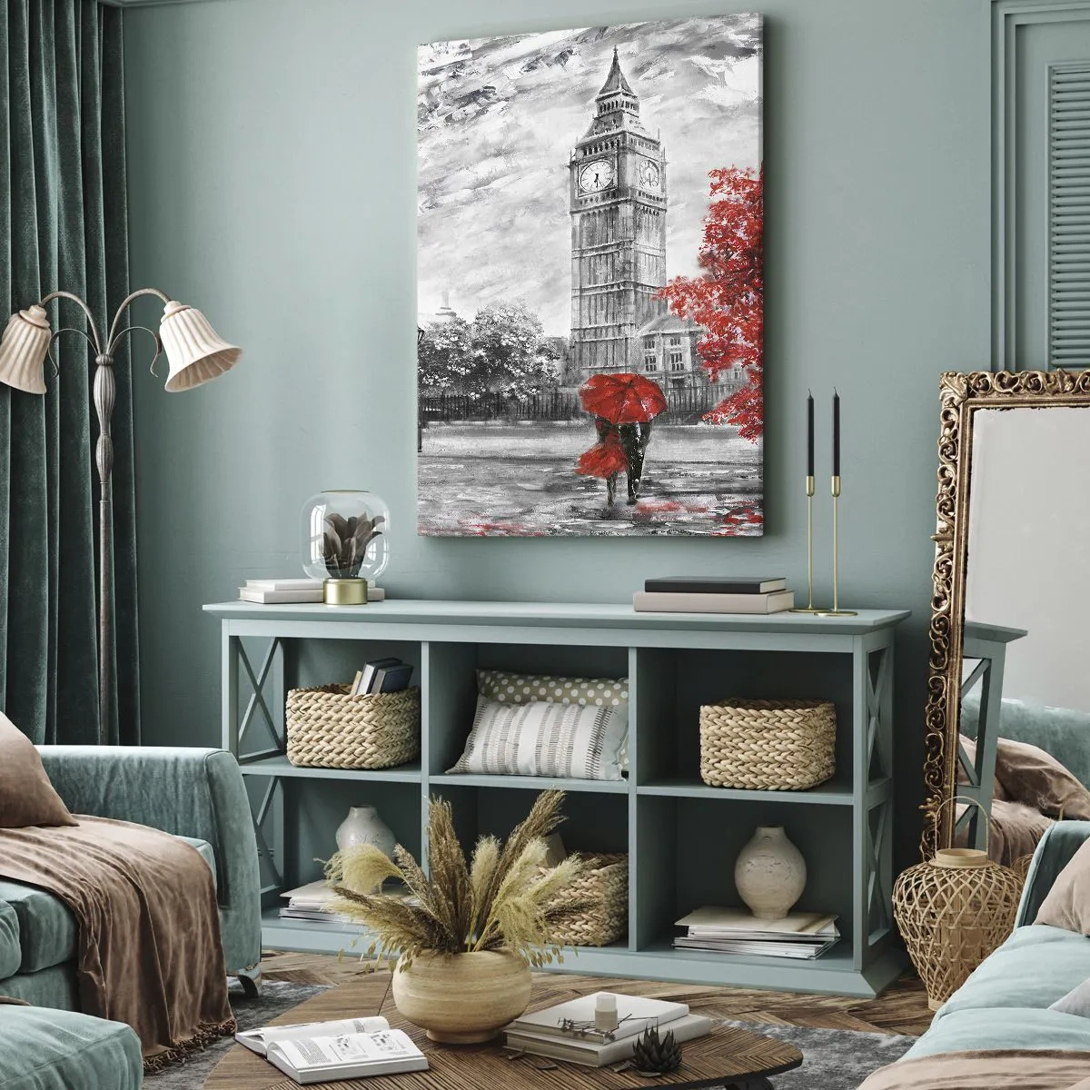 Bild auf Leinwand - Leinwandbild - Ikonische Ansicht von London mit Big Ben, einem roten Bus und einem Regenschirm - 80x120cm - Ein aufregender Tag - Moderne Wanddekoration für Wohnzimmer und Schlafzimmer ARTTOR