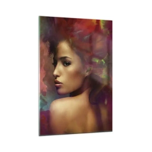 Glasbild - Bild auf glas - Eine Frau mit bunten Reflexionen, die einen abstrakten Hintergrund erzeugen - 80x120cm - Schöner als ein Regenbogen, so zart wie ein Nebel - Moderne Wanddekoration für Wohnzimmer und Schlafzimmer ARTTOR