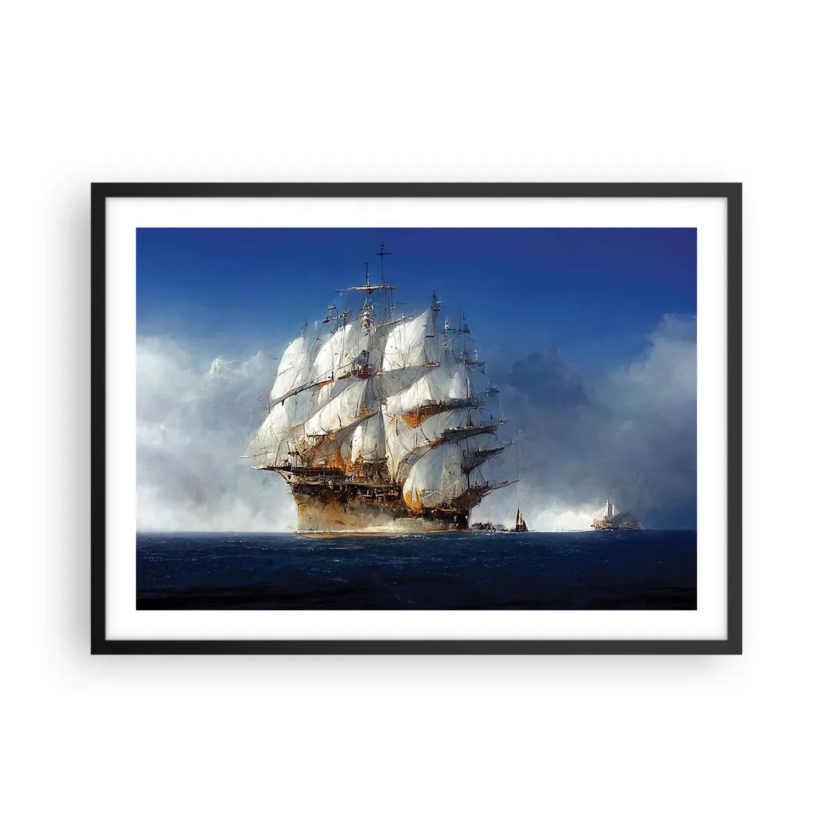 Poster in einem schwarzem Rahmen - Ein Segelschiff auf offener See unter blauem Himmel - 70x50cm - Der große Ruhm! - Moderne Wanddekoration für Wohnzimmer und Schlafzimmer ARTTOR