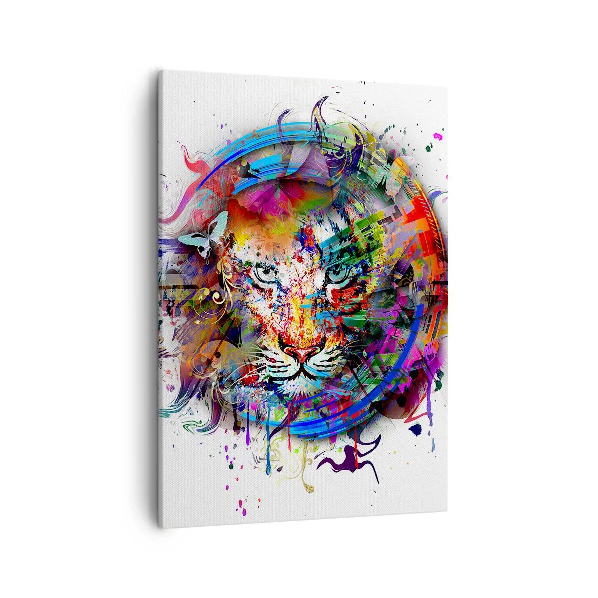 Bild auf Leinwand - Leinwandbild - Farbenfrohes Porträt eines Löwen im abstrakten Stil - 50x70cm - Es lauert hinter einem Regenbogenschleier - Moderne Wanddekoration für Wohnzimmer und Schlafzimmer ARTTOR