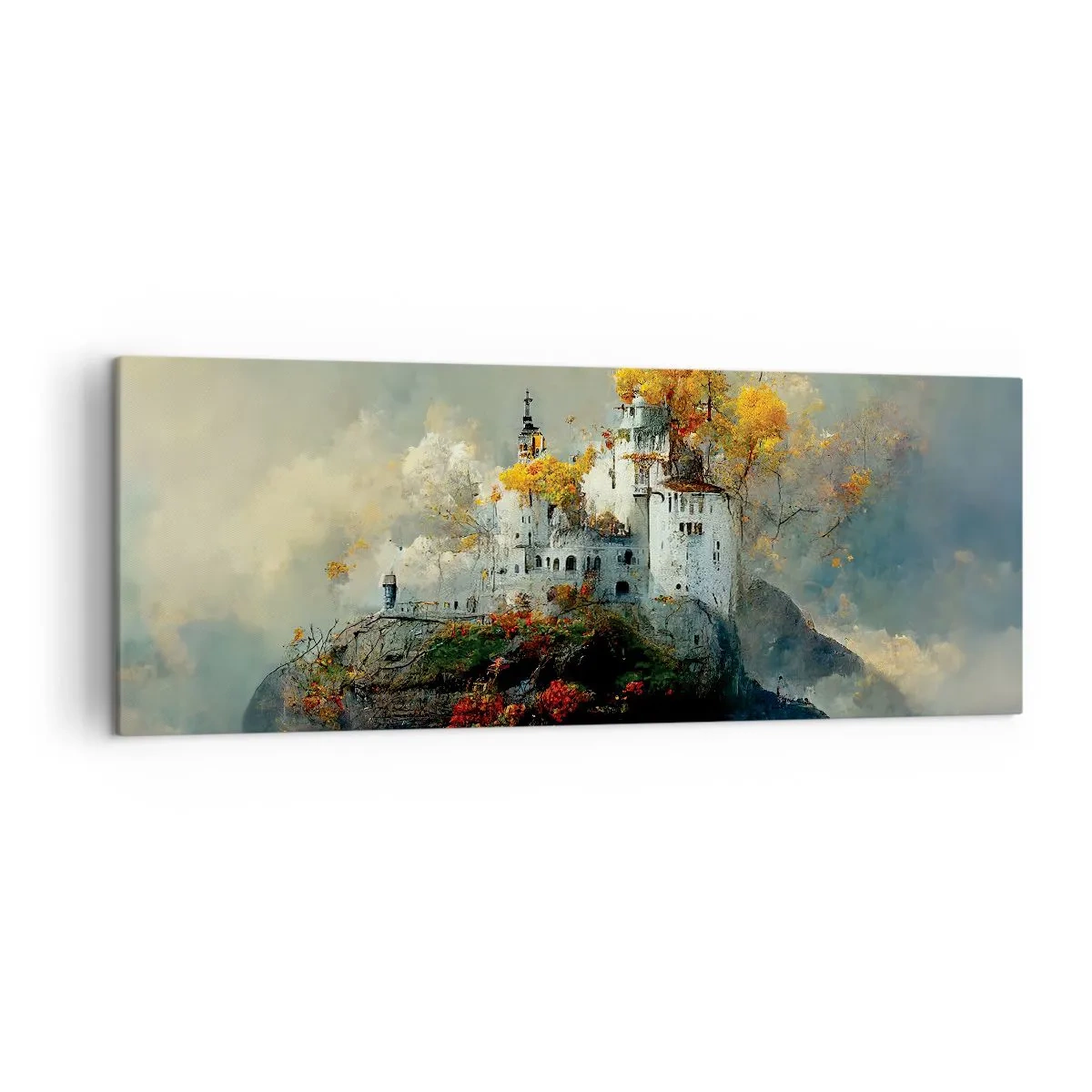 Bild auf Leinwand - Leinwandbild - Ein Schloss auf einem Hügel, umgeben von herbstlichen Bäumen - 140x50cm - Beginn einer romantischen Geschichte - Moderne Wanddekoration für Wohnzimmer und Schlafzimmer ARTTOR
