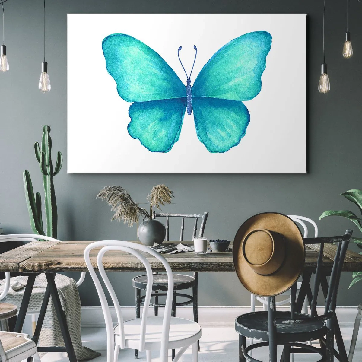 Bild auf Leinwand - Leinwandbild - Blauer Schmetterling im Aquarellstil auf weißem Hintergrund - 100x70cm - Türkis von Natur aus - Moderne Wanddekoration für Wohnzimmer und Schlafzimmer ARTTOR