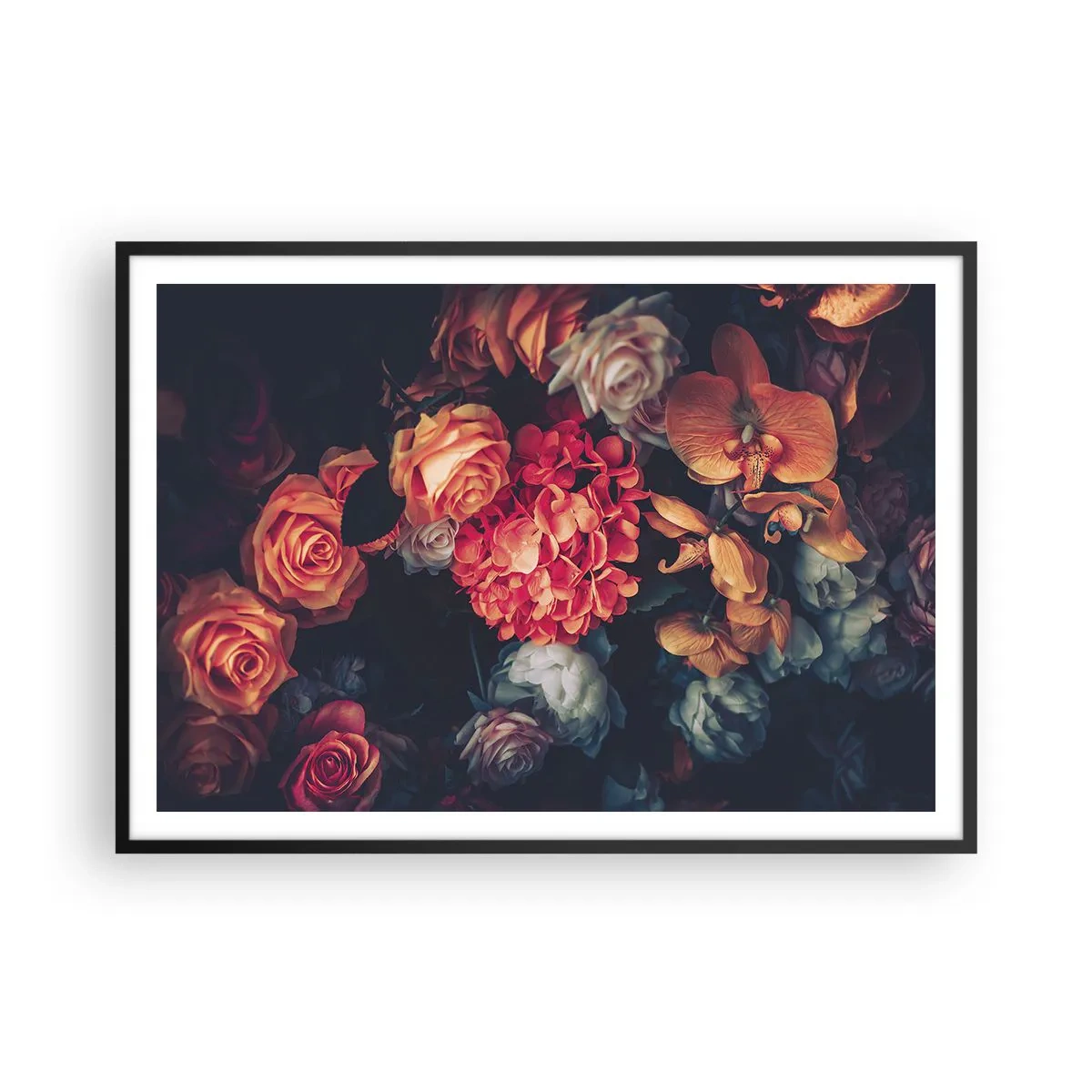 Poster in einem schwarzem Rahmen - Ein Strauß verschiedener Blumen in dunklen Tönen - 100x70cm - Wie bei den holländischen Meistern - Moderne Wanddekoration für Wohnzimmer und Schlafzimmer ARTTOR