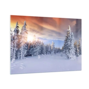 Glasbild - Bild auf glas - Winterlandschaft mit schneebedeckten Bäumen bei Sonnenuntergang - 100x70cm - Ein verschneites Naturschauspiel - Moderne Wanddekoration für Wohnzimmer und Schlafzimmer ARTTOR