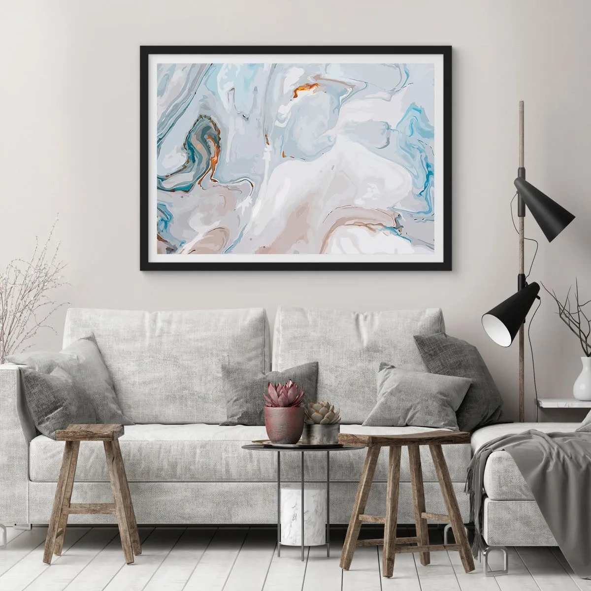 Poster in einem schwarzem Rahmen - Abstrakte Wellen in Blau- und Weißtönen - 70x50cm - Das Weiß wird erhoben - Moderne Wanddekoration für Wohnzimmer und Schlafzimmer ARTTOR