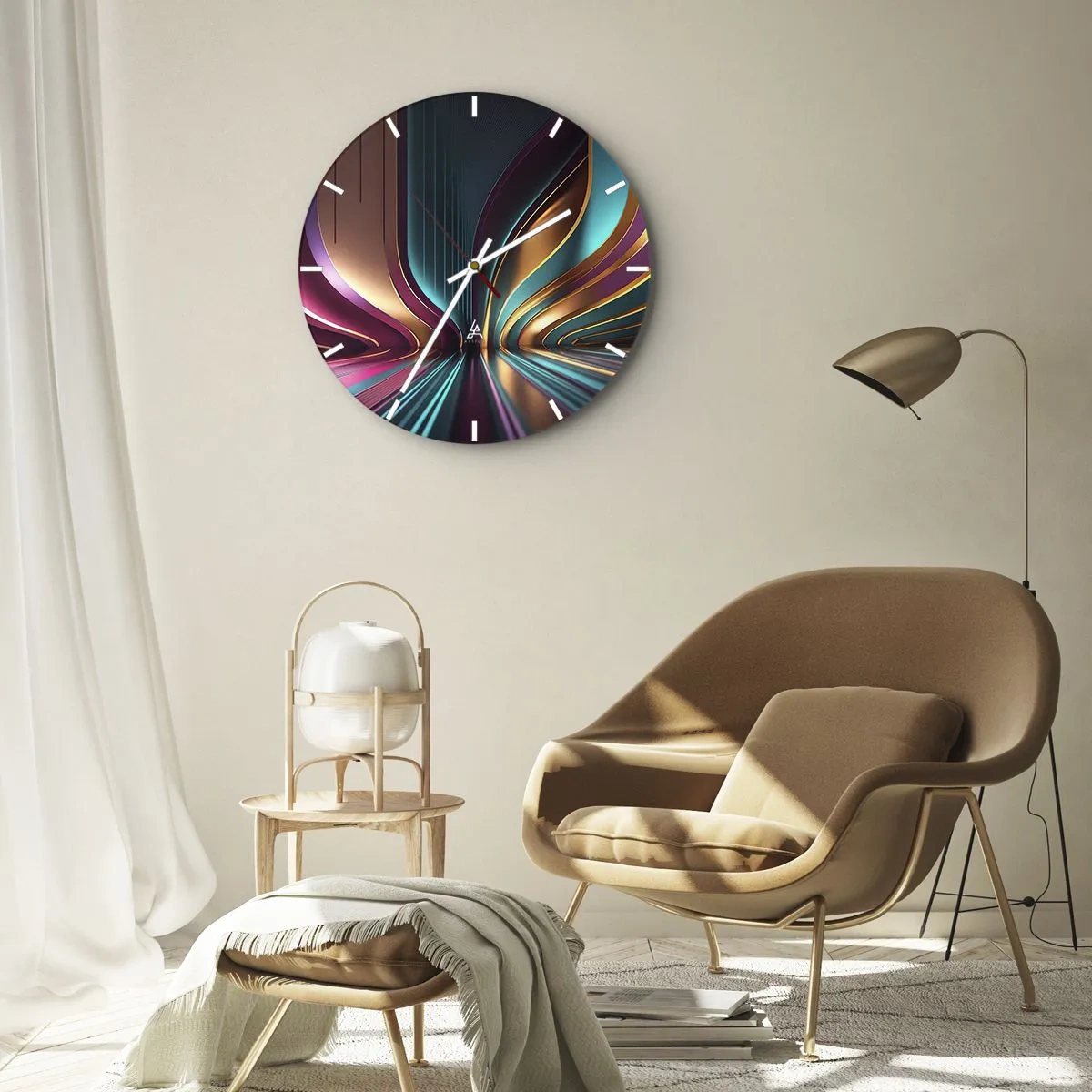 Wanduhr - Glasuhr - Futuristische Lichtlinien in Gold, Türkis und Lila - 30x30cm - Architektur des Lichts - Moderne Wanddekoration für Wohnzimmer, Küche und Schlafzimmer ARTTOR