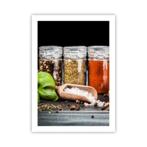 Poster - Gläser mit Gewürzen auf dunklem Hintergrund - 50x70cm - Für einen Geschmack des Lebens - Moderne Wanddekoration für Wohnzimmer und Schlafzimmer ARTTOR