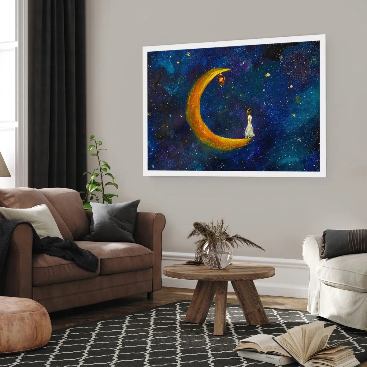 Poster - Ein Mädchen steht auf dem Mond in einem Sternenhimmel - 100x70cm - Der Ruf der Welt - Moderne Wanddekoration für Wohnzimmer und Schlafzimmer ARTTOR