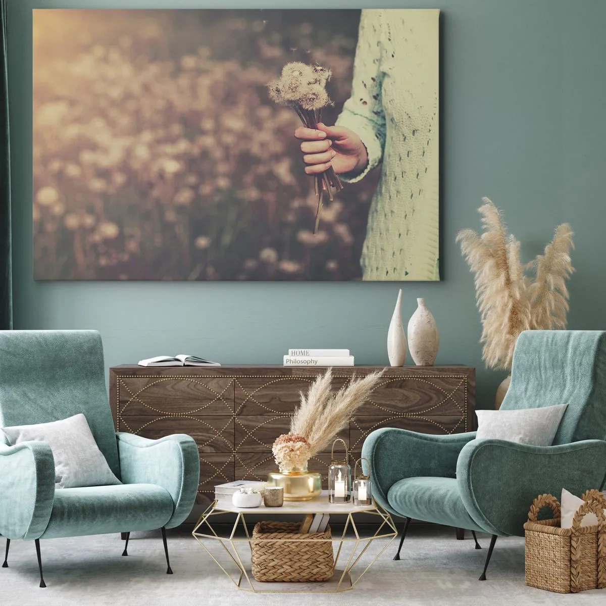 Bild auf Leinwand - Leinwandbild - Eine Hand hält Löwenzahn vor dem unscharfen Hintergrund eines Feldes voller Blumen. - 120x80cm - Bitte behalte sie - Moderne Wanddekoration für Wohnzimmer und Schlafzimmer ARTTOR