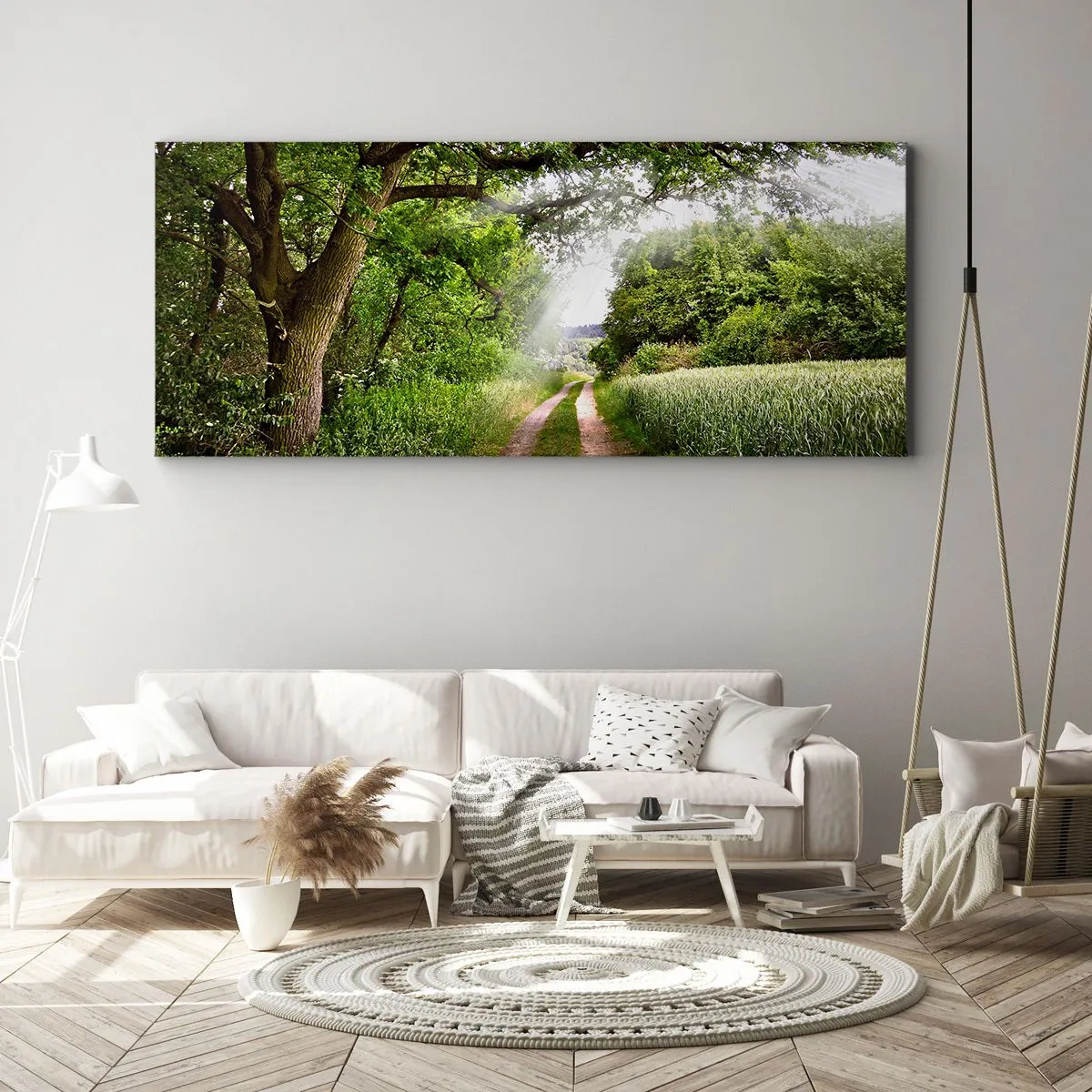 Bild auf Leinwand - Leinwandbild - Eine unbefestigte Straße zwischen grünen Bäumen und Sonnenlicht - 160x50cm - Et in Arcadia ego - Moderne Wanddekoration für Wohnzimmer und Schlafzimmer ARTTOR