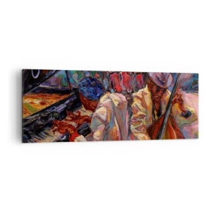 Bild auf Leinwand - Leinwandbild - Energetische Jazzszene mit Musikern und Instrumenten - 140x50cm - In einem Schlag - Moderne Wanddekoration für Wohnzimmer und Schlafzimmer ARTTOR