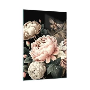 Glasbild - Bild auf glas - Ein Strauß rosa Blumen und Schmetterlinge auf schwarzem Hintergrund - 70x100cm - Im Barockstil - Moderne Wanddekoration für Wohnzimmer und Schlafzimmer ARTTOR