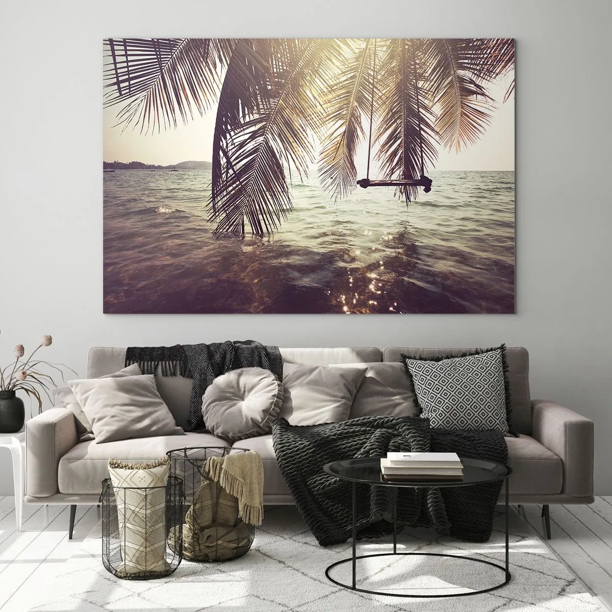 Glasbild - Bild auf glas - Ein Strand mit Palmen und einer Schaukel über einem ruhigen Meer - 70x50cm - Sie können nach Belieben in den Wolken schwingen - Moderne Wanddekoration für Wohnzimmer und Schlafzimmer ARTTOR