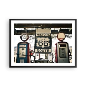 Poster in einem schwarzem Rahmen - Historische Tankstelle an der Route 66 - 70x50cm - Amerikanische Retro-Reise - Moderne Wanddekoration für Wohnzimmer und Schlafzimmer ARTTOR